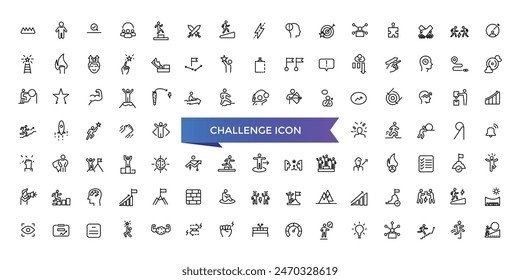 Challenge icon collection. Related to mission, competition, obstacle, battle, problem solving, teamwork, overcoming and triumph icons.