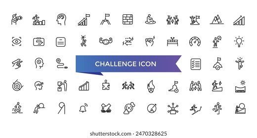 Challenge icon collection. Related to mission, competition, obstacle, battle, problem solving, teamwork, overcoming and triumph icons.