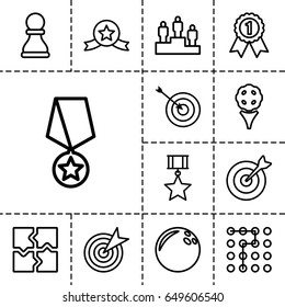 Challenge icon. set of 13 outline challenge icons such as target, puzzle, ranking, chess pawn, number 1 medal, medal with star, labyrinth, bowling ball