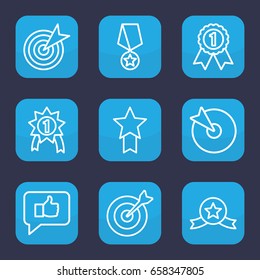 Challenge icon. set of 9 outline challenge icons such as target, number 1 medal, medal with star