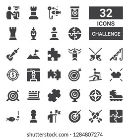 challenge icon set. Collection of 32 filled challenge icons included Puzzle, Darts, Dartboard, Conquer, Pawn, Fishing, Climbing, Piece, Target, Chess, Fencing, Dart, Rook, Proud