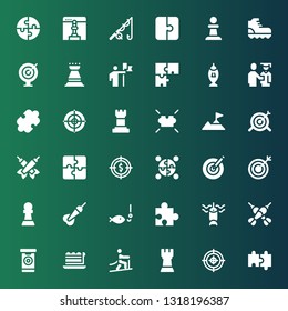 challenge icon set. Collection of 36 filled challenge icons included Puzzle, Target, Rook, Climbing, Piece, Darts, Fishing, Dart, Pawn, Dartboard, Chess, Proud, Conquer