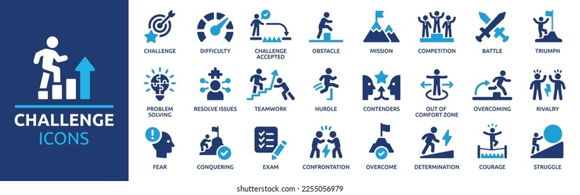 Challenge icon set. Containing mission, competition, obstacle, battle, problem solving, teamwork, overcoming and triumph icons. Solid icon collection. - Shutterstock ID 2255056979