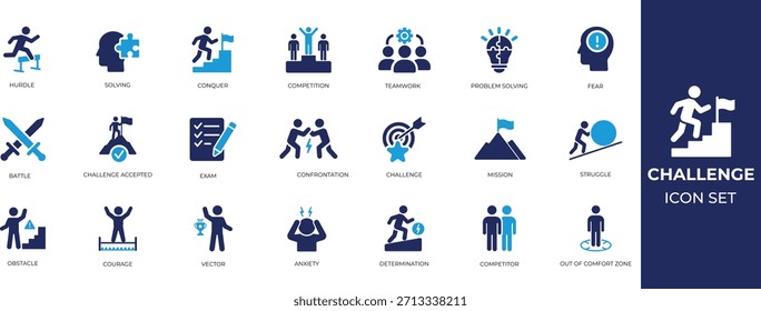 Challenge icon set representing goals, obstacles, competition, achievement, motivation, and problem solving for business projects..