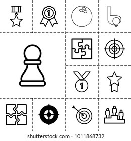 Challenge icons. set of 13 editable outline challenge icons such as target, puzzle, ranking, chess pawn, number 1 medal, medal with star, bowling ball