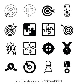 Challenge icons. set of 16 editable filled and outline challenge icons such as target, puzzle, number 1 medal, medal with star, chess pawn