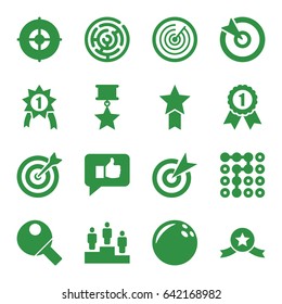 Challenge icons set. set of 16 challenge filled icons such as ranking, table tennis, target, thumb up, number 1 medal, medal with star, labyrinth