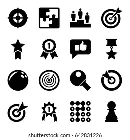 Challenge icons set. set of 16 challenge filled icons such as ranking, chess pawn, table tennis, target, puzzle, thumb up, number 1 medal, medal with star, labyrinth