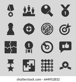Challenge icons set. set of 16 challenge filled icons such as puzzle, ranking, chess pawn, table tennis, target, thumb up, number 1 medal, medal with star