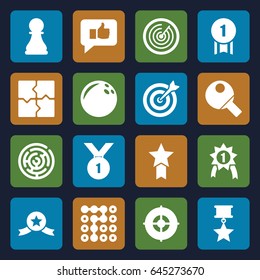 Challenge icons set. set of 16 challenge filled icons such as puzzle, chess pawn, table tennis, target, thumb up, number 1 medal, medal with star, labyrinth