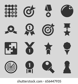 Challenge icons set. set of 16 challenge filled icons such as chess pawn, table tennis, target, puzzle, number 1 medal, medal with star, labyrinth, bowling ball