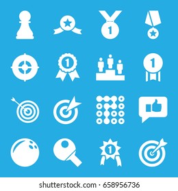 Challenge icons set. set of 16 challenge filled icons such as target, ranking, chess pawn, table tennis, thumb up, number 1 medal, medal with star, labyrinth
