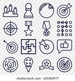 Challenge icons set. set of 16 challenge outline icons such as target, puzzle, ranking, chess pawn, medal with star, labyrinth, bowling ball, golf