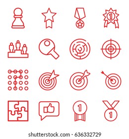 Challenge icons set. set of 16 challenge outline icons such as target, puzzle, ranking, chess pawn, table tennis, number 1 medal, medal with star, labyrinth