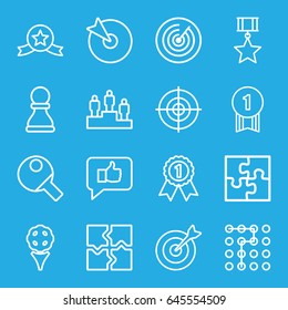 Challenge icons set. set of 16 challenge outline icons such as puzzle, target, ranking, chess pawn, table tennis, number 1 medal, medal with star, labyrinth, golf