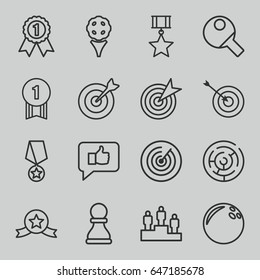 Challenge icons set. set of 16 challenge outline icons such as target, ranking, chess pawn, table tennis, number 1 medal, medal with star, labyrinth, bowling ball, golf
