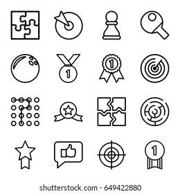 Challenge icons set. set of 16 challenge outline icons such as puzzle, target, chess pawn, table tennis, number 1 medal, medal with star, labyrinth, bowling ball