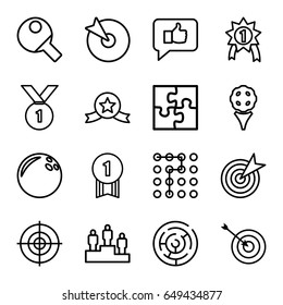 Challenge icons set. set of 16 challenge outline icons such as target, puzzle, ranking, table tennis, number 1 medal, medal with star, labyrinth, bowling ball, golf