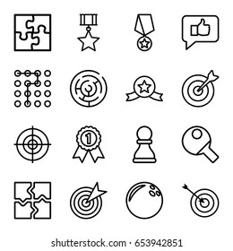 Challenge icons set. set of 16 challenge outline icons such as target, puzzle, chess pawn, table tennis, number 1 medal, medal with star, labyrinth, bowling ball