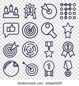 Challenge icons set. set of 16 challenge outline icons such as target, ranking, table tennis, number 1 medal, medal with star, labyrinth, bowling ball