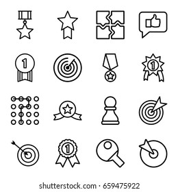Challenge icons set. set of 16 challenge outline icons such as target, puzzle, chess pawn, table tennis, number 1 medal, medal with star, labyrinth