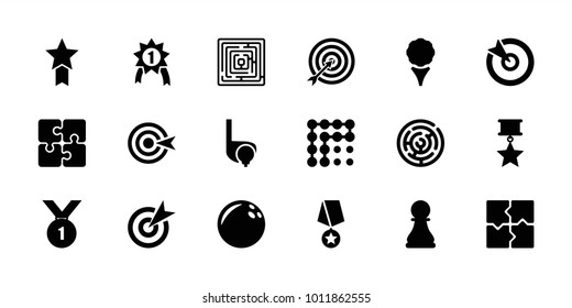 Challenge icons. set of 18 editable filled challenge icons: puzzle, target, bowling ball, golf, labyrinth, chess pawn, number 1 medal