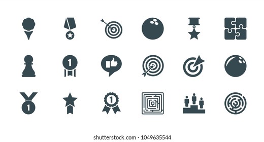 Challenge icons. set of 18 editable filled challenge icons: target, bowling ball, golf, labyrinth, ranking, chess pawn, number 1 medal, medal with star, puzzle