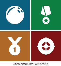 Challenge icons set. set of 4 challenge filled icons such as target, number 1 medal, medal with star