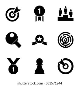 challenge icons set. Set of 9 challenge filled icons such as ranking, chess pawn, table tennis, target, number 1 medal, medal with star