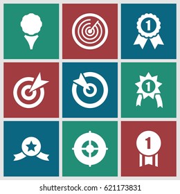Challenge icons set. set of 9 challenge filled icons such as target, number 1 medal, medal with star