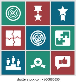 Challenge icons set. set of 9 challenge filled icons such as puzzle, ranking, target, thumb up, medal with star