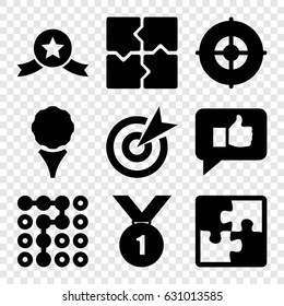 Challenge icons set. set of 9 challenge filled icons such as puzzle, target, thumb up, number 1 medal, medal with star, labyrinth