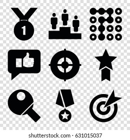 Challenge icons set. set of 9 challenge filled icons such as ranking, table tennis, target, thumb up, number 1 medal, medal with star