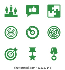 Challenge icons set. set of 9 challenge filled icons such as ranking, target, puzzle, thumb up, medal with star