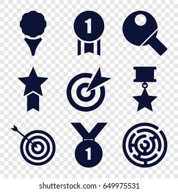 Challenge icons set. set of 9 challenge filled icons such as target, table tennis, number 1 medal, medal with star, labyrinth