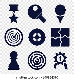 Challenge icons set. set of 9 challenge filled icons such as puzzle, chess pawn, table tennis, target, number 1 medal, medal with star, labyrinth