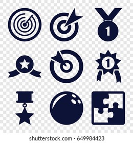 Challenge icons set. set of 9 challenge filled icons such as puzzle, target, number 1 medal, medal with star