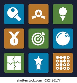 Challenge icons set. set of 9 challenge filled icons such as puzzle, table tennis, target, number 1 medal, medal with star, labyrinth, bowling ball