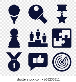 Challenge icons set. set of 9 challenge filled icons such as ranking, chess pawn, table tennis, puzzle, target, thumb up, number 1 medal, medal with star