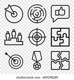 Challenge icons set. set of 9 challenge outline icons such as target, puzzle, ranking, medal with star, labyrinth