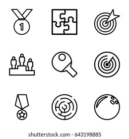 Challenge icons set. set of 9 challenge outline icons such as puzzle, target, ranking, table tennis, number 1 medal, medal with star, labyrinth