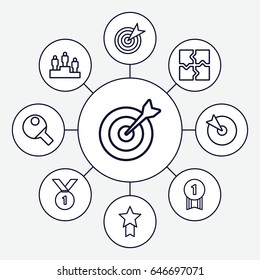 Challenge icons set. set of 9 challenge outline icons such as puzzle, target, ranking, table tennis, number 1 medal