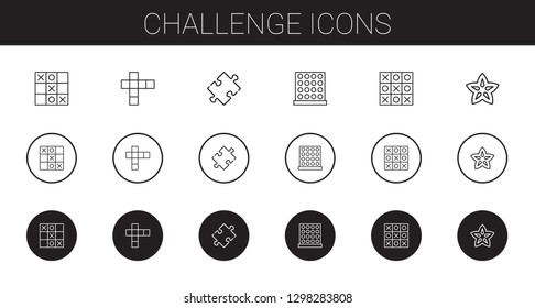 challenge icons set. Collection of challenge with tic tac toe, hopscotch, puzzle, carambola. Editable and scalable challenge icons.