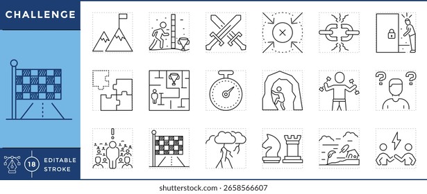 Conjunto de iconos de desafío. Superar, obstáculo, laberinto, rompecabezas, competencia, temporizador, dificultad, fuerza, confusión, lucha, y muchos más. Vector de trazo editable.