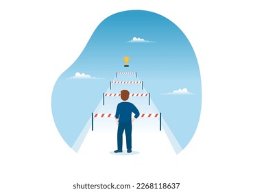 Challenge Illustration with Businessman Running to the Top and Overcoming Obstacle for Landing Page in Flat Cartoon Hand Drawn Templates