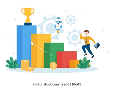 Challenge Illustration with Businessman Running to the Top and Overcoming Obstacle for Landing Page in Flat Cartoon Hand Drawn Templates