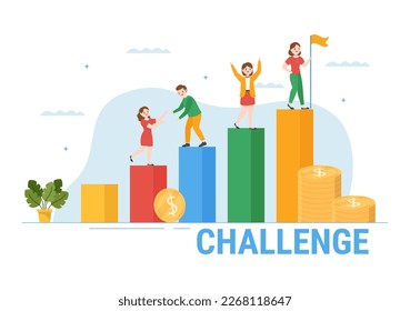 Challenge Illustration with Businessman Running to the Top and Overcoming Obstacle for Landing Page in Flat Cartoon Hand Drawn Templates