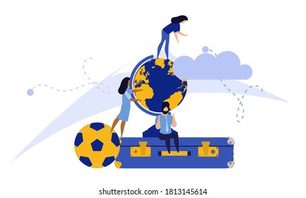 Challenge journey man and woman vector concept illustration with suitcase,ball,cap. Business achievement career success goal. Target aim direction way. Travel motivation job banner. Trekking adventure