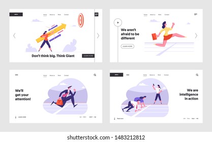 Challenge, Leadership Competition Website Landing Page Set. Businesswoman Holding Bow Direct Arrow to Sky. Aim in Business Strategy, Goal Achievement Web Page Banner. Cartoon Flat Vector Illustration