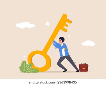 Challenge or leadership concept. Business key success, solution to unlock career opportunity, aspiration or motivation to success, businessman push big golden key with full effort to solve problem.